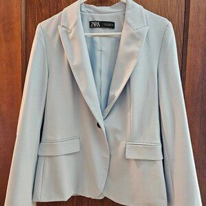 Zara Womens Buttoned Tailored Blazer Fitted Baby Blue Size 8